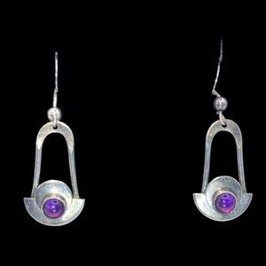 Vintage 925 Sterling Silver & Amethyst Earrings Modernist Design